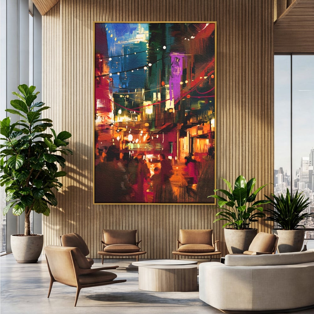 Tablou canvas cu tablou canvas cu peisaj urban nocturn, in rama de aluminiu auriu, pe perete intr-un birou